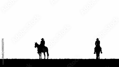 Two cowboys on horseback are situated at a considerable distance from one another on a wide, open plain, their dark silhouettes standing out against the bright white sky.