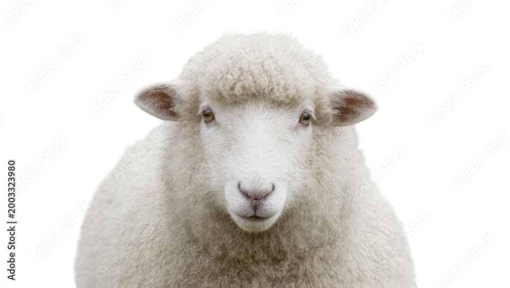 Obraz premium Isolated fluffy white sheep portrait looking directly, domestic farm animal, soft wool.