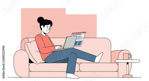Young Woman Working Remotely on Laptop While Relaxing on a Comfortable Sofa at Home