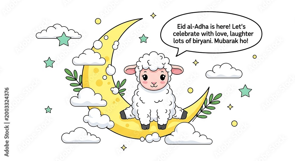 Naklejka premium Cute cartoon sheep sitting on a yellow crescent moon illustration