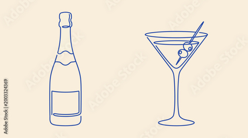 Minimal blue line illustration of a champagne bottle and a martini glass with olive for celebrations and cocktails