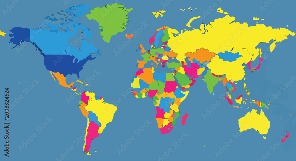 Fototapeta premium A colorful map of the world with countries in various bright colors
