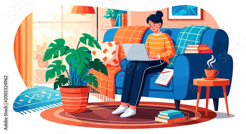 Cozy Home Office Woman Working Remotely on Laptop in Comfortable Living Room with Plants and Books