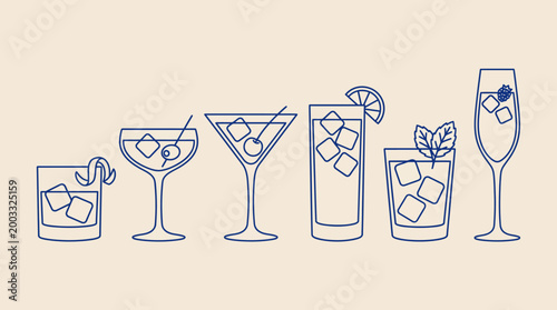Line art illustration of assorted cocktail glasses with garnishes on a beige background, suitable for bars, drinks, cocktails, and beverage concept visuals