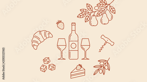 Minimalist line-art still life featuring wine bottles, wine glasses, croissant and cake with botanical leaves for elegant food and drink illustration