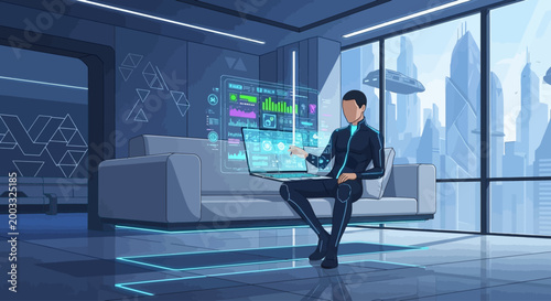 Futuristic Businessman Interacting with Holographic Technology in a Modern Office