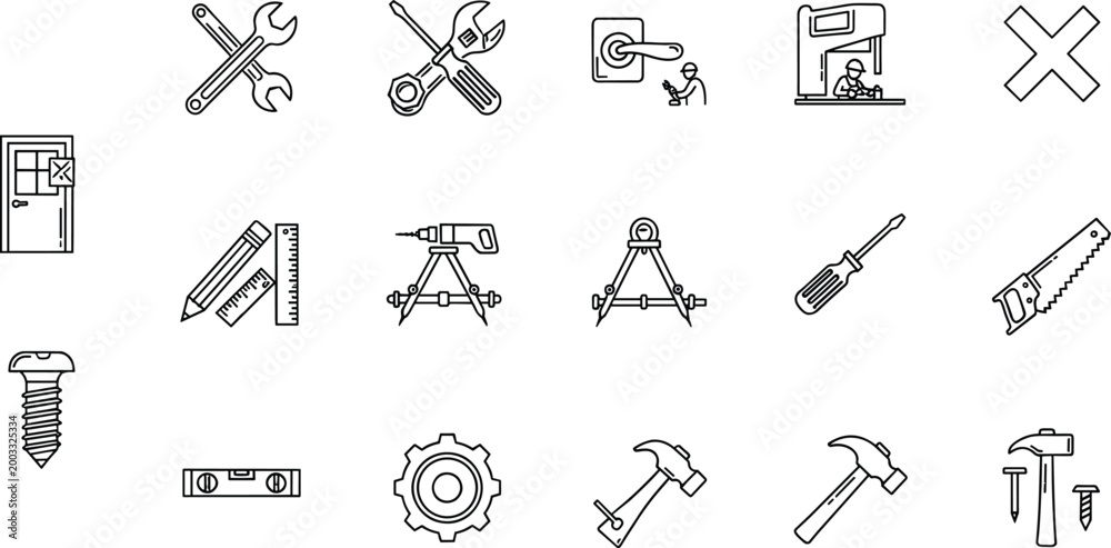 Fototapeta premium Construction and Tools Outline Icon Set Featuring Wrenches, Screwdrivers, Saw, Gear, Compass, and More in Minimal Line Art Style