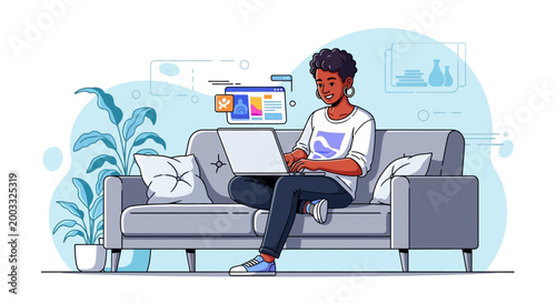 Young Black Woman Working Remotely on Laptop on Comfortable Sofa at Home Digital Interface Overlays