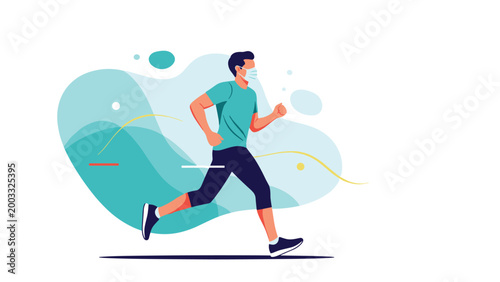 Man in a protective face mask running outdoors for fitness and health wellness during pandemic social distancing times.