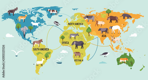 A colorful map showing animals on each continent
