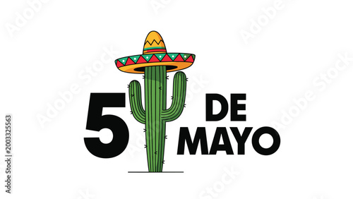 Festive Cinco de Mayo graphic design with a tall green cactus wearing a colorful sombrero hat on a clean white background.