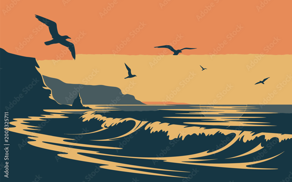 Naklejka premium Ocean coast, sunset and seagulls. Retro marine vector landscape. Vector illustration