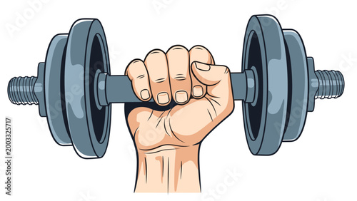 Strong hand gripping a heavy grey dumbbell illustrates strength, fitness, weightlifting, and dedication to physical health and bodybuilding.