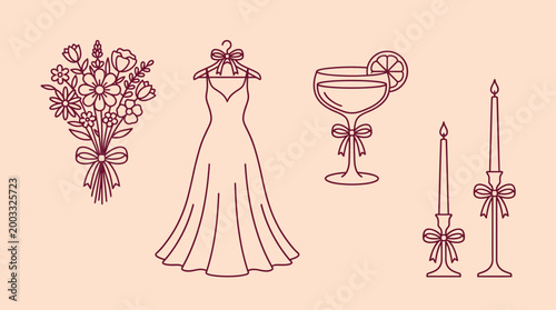 Vintage line art illustration featuring a bouquet, flowing evening gown, a martini glass with orange garnish, and candlesticks.