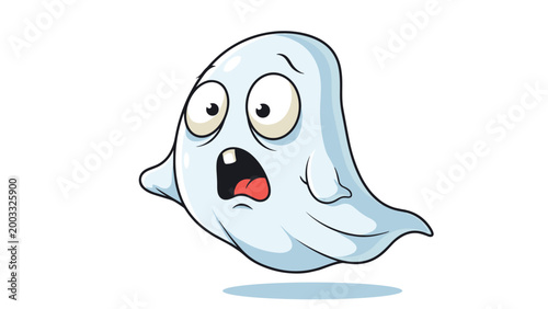 Funny cartoon ghost with a frightened expression and wide open mouth floating against a plain white background.