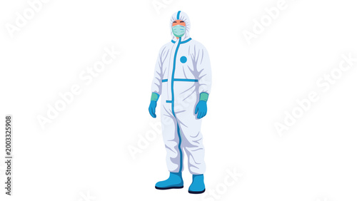 Medical professional wearing a full white protective hazmat suit with blue details, a face mask, and blue gloves.