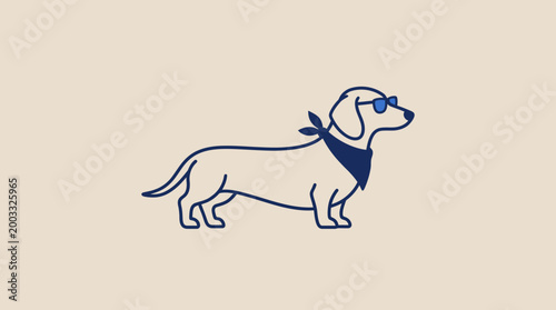 Minimalist navy dachshund vector illustration wearing a scarf, a cute line-art dog silhouette ideal for branding, logos and decorative design.