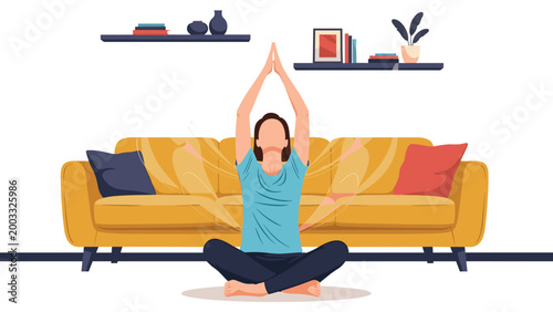 Young woman practicing yoga in a meditative lotus pose in front of a yellow sofa in a modern minimalist living room.