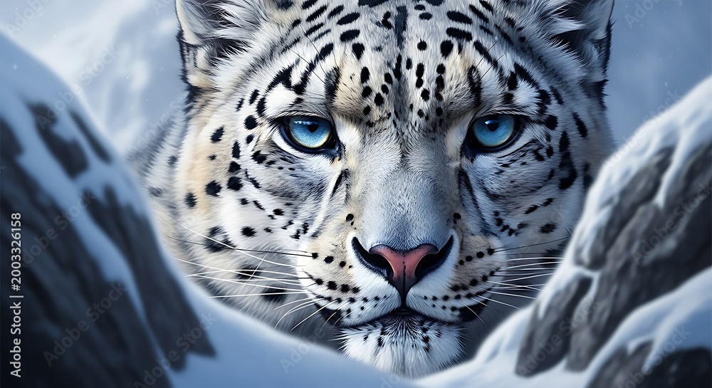 Obraz premium Close-up of a snow leopard with striking blue eyes