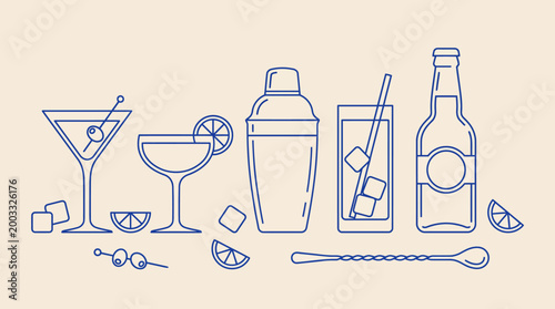 Illustrated barware scene featuring a cocktail shaker, glassware, bottles, ice, citrus garnishes, olives on picks, and a stirring spoon