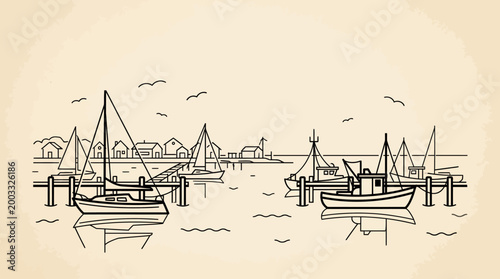 Tranquil harbor scene with sailboats and fishing boats docked along a calm waterfront and distant seaside town
