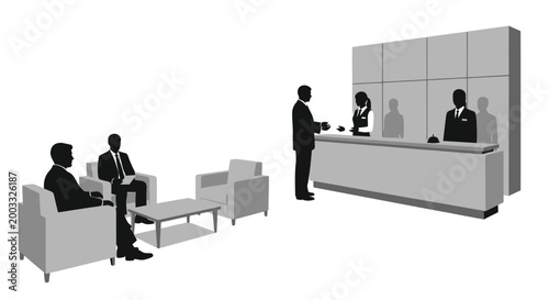Hotel reception with guests waiting and business meeting scene