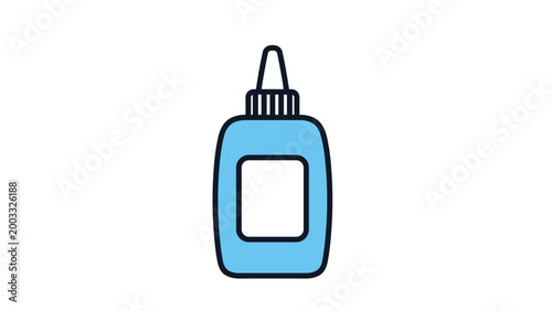 Simple flat design icon of a blue glue bottle with a white label used for crafts, school projects, and artistic work.