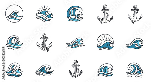 Collection of Nautical Icons: Waves and Anchors