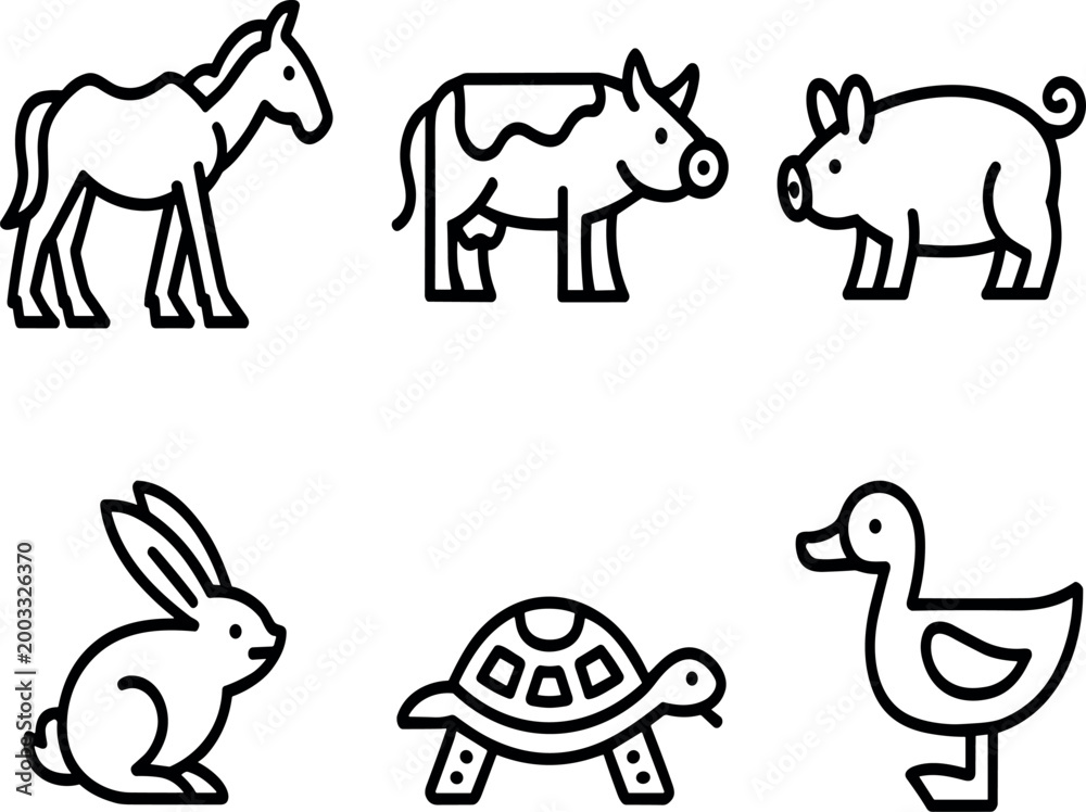 Fototapeta premium Minimalist black and white farm and domestic animal vector icon set featuring a horse cow pig rabbit turtle and duck in clean outline style.