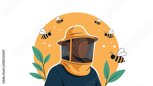 Male beekeeper wearing protective gear and a veil surrounded by flying honey bees in a sunny outdoor agricultural setting.
