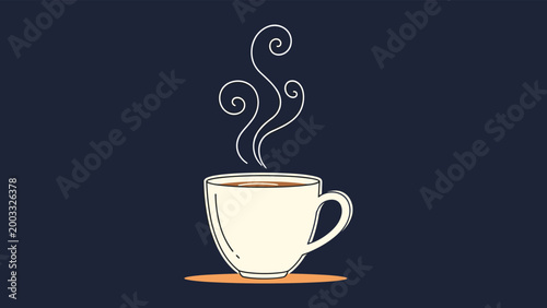 Hot cup of coffee with steam swirls on a dark blue background for morning routine and cafe beverage advertising.