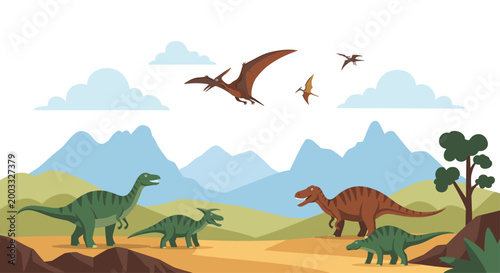 Various prehistoric dinosaurs roam a grassy landscape while pterosaurs glide through the sky near distant blue mountains in a colorful and detailed flat vector illustration.