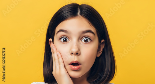 A young girl looks surprised with her hand on her cheek against yellow.