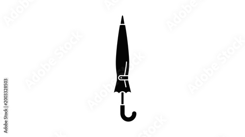 Simple flat design icon of a closed black umbrella, representing essential protection from rain and adverse weather conditions. Ideal for web and mobile application design