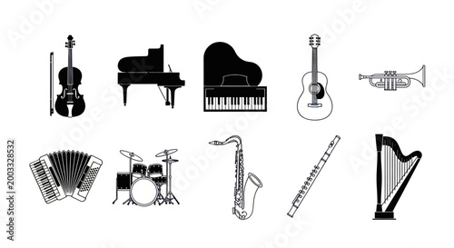 Musical instruments silhouettes on white
