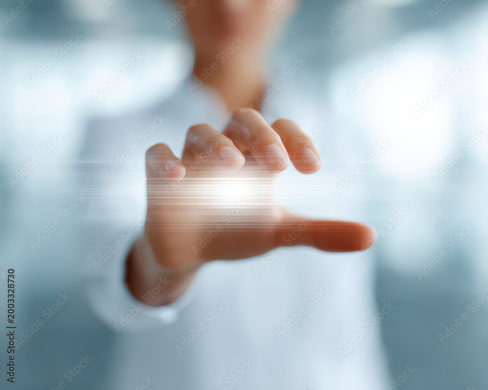 Naklejka premium Artificial intelligence concept with person using large language models LLM technology to interact with digital data in bright setting