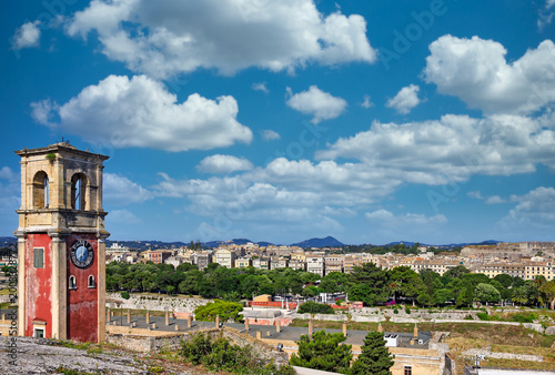 Clock Tower of the Old Fortress and Corfu Town Skyline in Greece