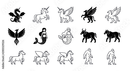 Mythical creatures line art illustration set
