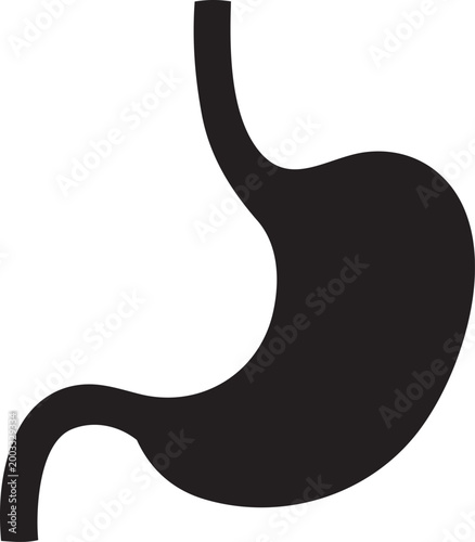 Black and white minimalist icon of a stomach organ with smooth curves and clean design symbolizing health and medical concepts