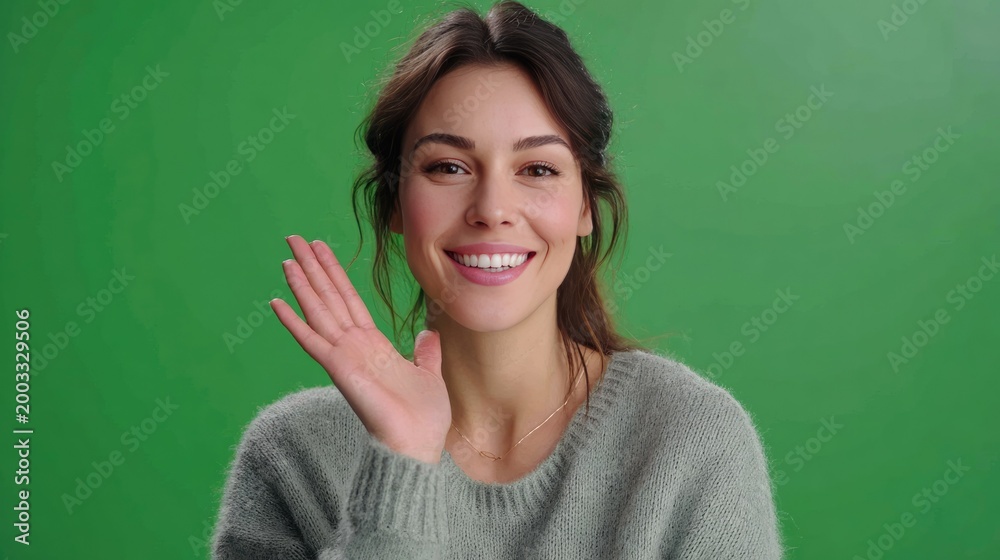Obraz premium Warm Greeting with a Smile: A charming young woman extends a friendly wave towards the viewer, her radiant smile and warm expression filling the frame against a vibrant green backdrop.
