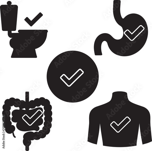 Black and white medical icons featuring a toilet stomach intestines clock and human torso with checkmarks symbolizing health and wellness