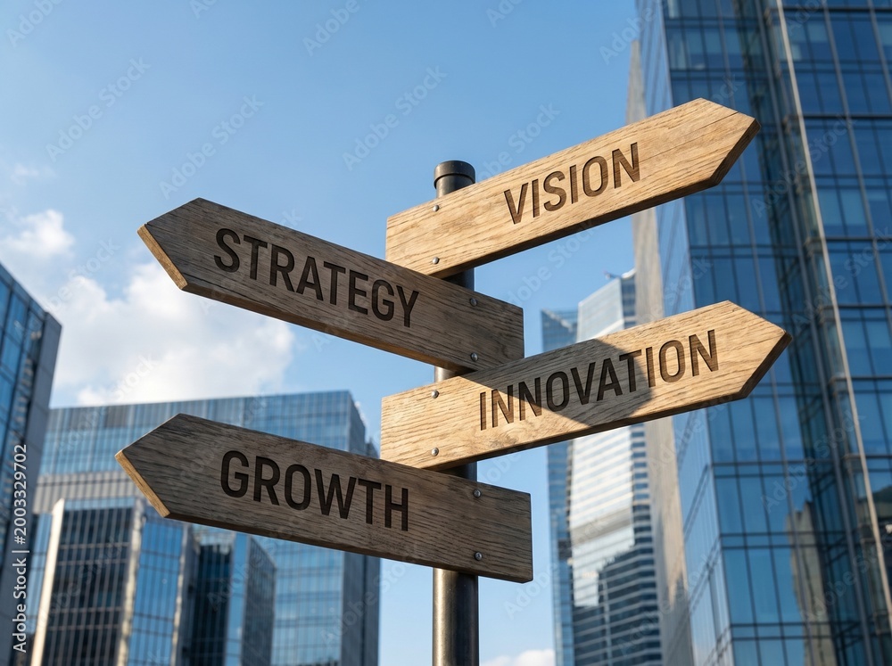 Fototapeta premium Wooden Directional Signpost with Business Success Concepts Against Modern Office Skyscrapers