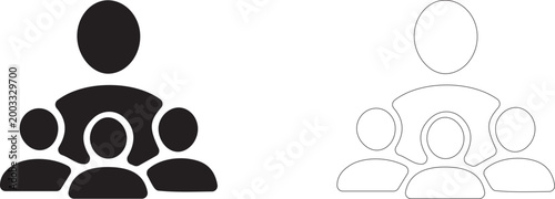 Teacher and group of students, symbol of collective learning, lecture, seminar and teamwork, vector icon in two styles: glyph and outline.