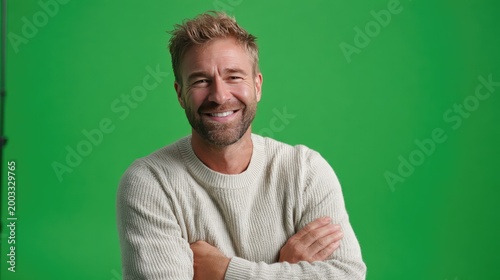 Radiant Portrait: A person with warm eyes, folded arms, and a friendly smile, exudes confidence. Set against a chroma key green backdrop, this photo captures the essence of approachability.
