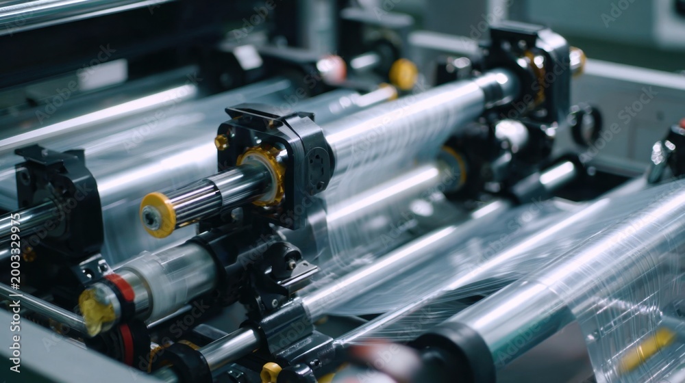 Naklejka premium Industrial plastic sheeting being fed through a tension machine in a manufacturing facility