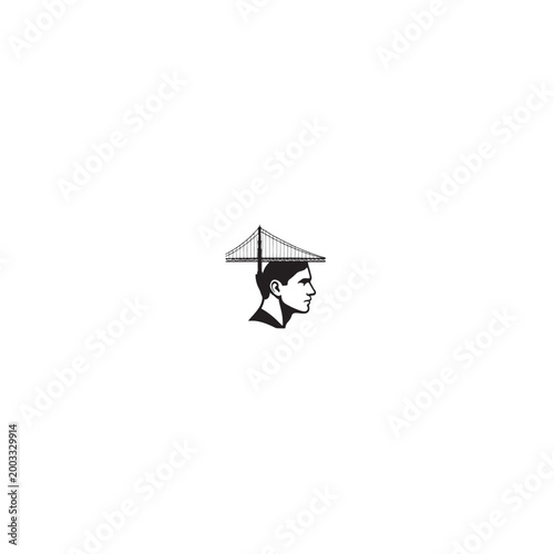 Conceptual minimalist logo of a man's head profile integrated with a suspension bridge