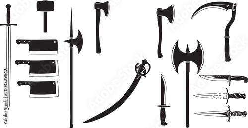Medieval Weapons Collection Sword Axe Spear Vector Illustration Set