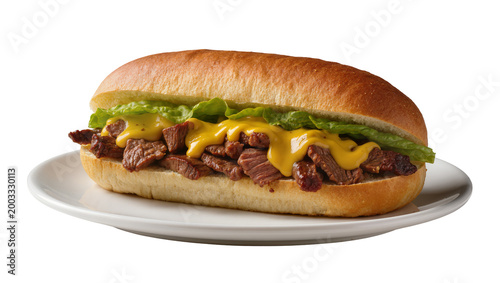 Fotografie Isolated grilled steak and cheese sub sandwich with melted cheddar sauce and gre