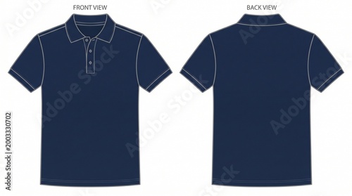 Technical apparel design template of a navy blue polo shirt. Front and back view flat lay for fashion manufacturing and mockups