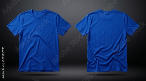 Vibrant blue crew neck t-shirt mockup showing front and back. Floating realistic 3D render for apparel branding and design presentation